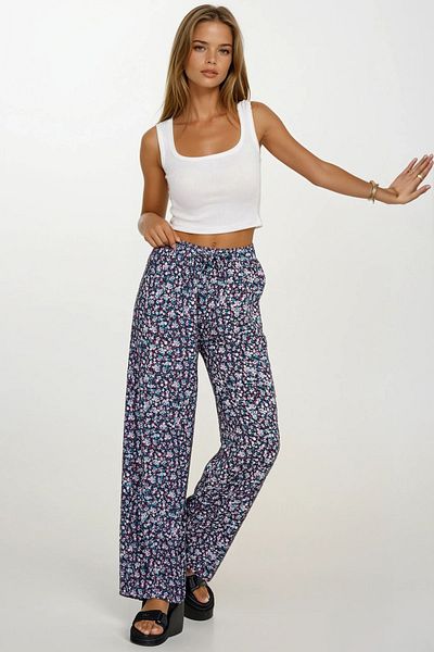 VAGGON Women's White-Blue Elastic Waist Lace-Up Patterned Viscose Palazzo Pants Vs00371