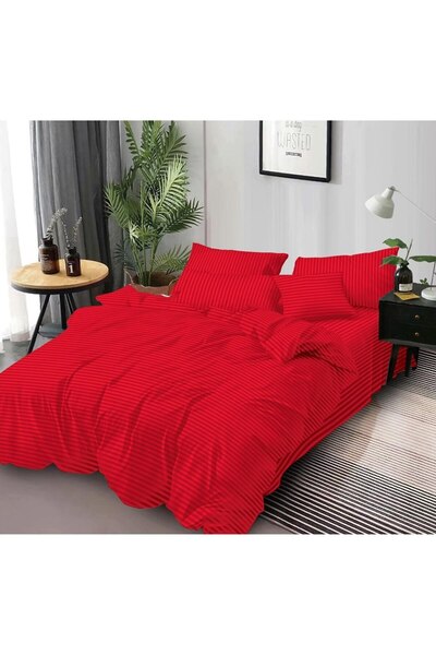 Inovius Lenjerie de pat dublu - 100% Bumbac Damasc 4 Piese, 2 Persoane, Culoare Rosu