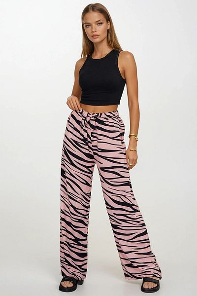 VAGGON Women's Powder Elastic Waist Lace-Up Patterned Viscose Palazzo Trousers Vs00371