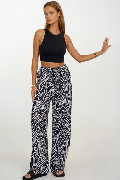 VAGGON Women's White Stripes Elastic Waist Lace-Up Patterned Viscose Palazzo Pants Vs00371