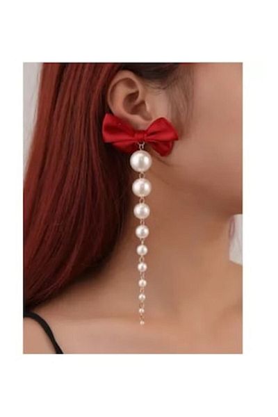 Inovius - Long Pearl Earrings White and Red Bow