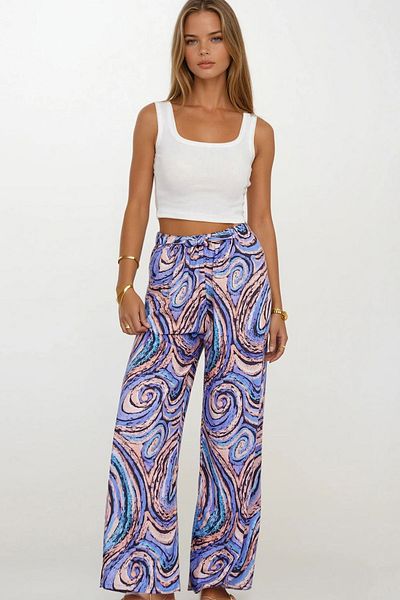 VAGGON Women's Lila Elastic Waist Lace-Up Patterned Viscose Palazzo Trousers Vs00371