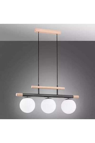 OEM Wooden pendant chandelier, 3 white glass globes, E27 socket, wood/black body color
