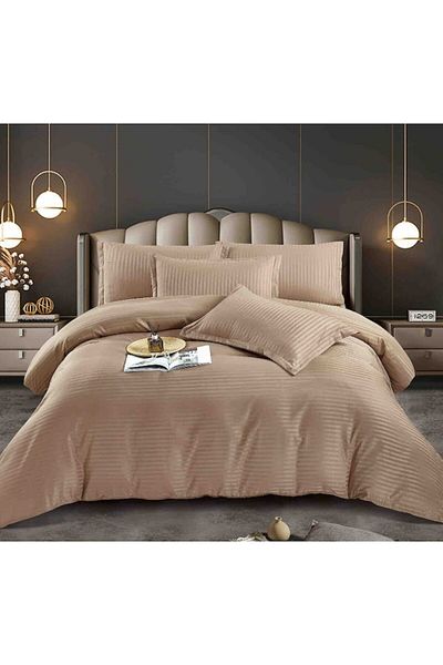 JOJO HOME Lenjerie de Pat Dublu Cu Elastic 100% Bumbac Damasc 6 Piese, 180x200 cm Cappuccino