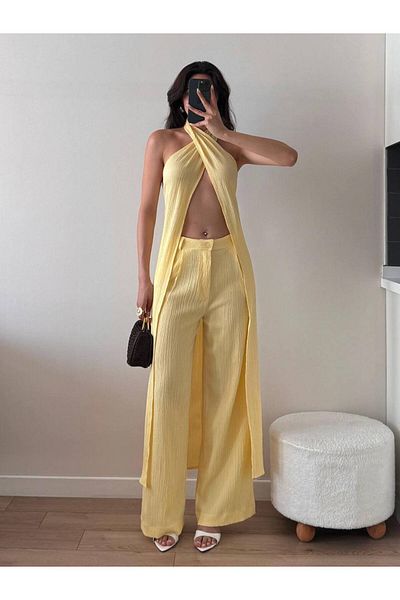 LOCH BUTİK Women's Yellow Crashed Cross Tie Pants Long Vest Double Suit