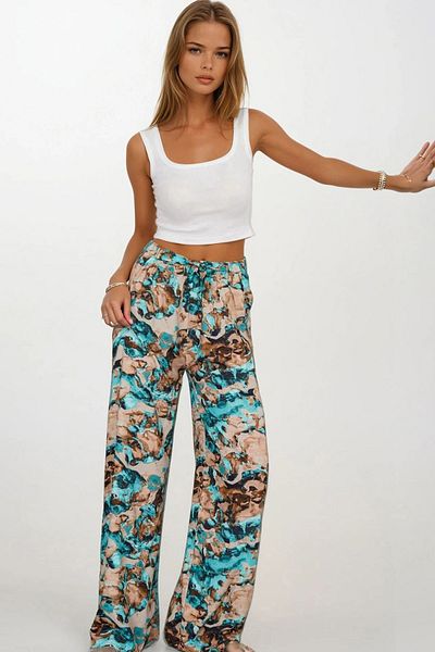 VAGGON Women's Blue-Beige Elastic Waist Lace-Up Patterned Viscose Palazzo Pants Vs00371