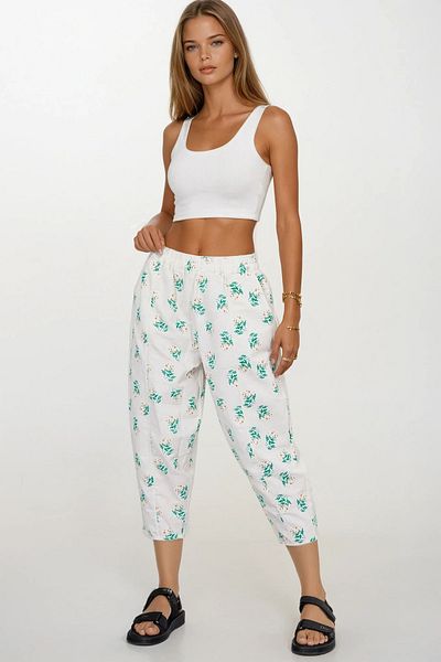 VAGGON Women's Green Patterned Linen Trousers with Elastic Waist Vs00372