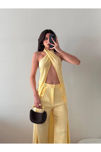 LOCH BUTİK Women's Yellow Crashed Cross Tie Pants Long Vest Double Suit
