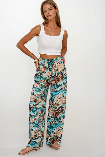 VAGGON Women's Blue-Beige Elastic Waist Lace-Up Patterned Viscose Palazzo Pants Vs00371