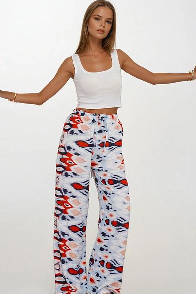VAGGON Women's Red Elastic Waist Lace-Up Patterned Viscose Palazzo Pants Vs00371