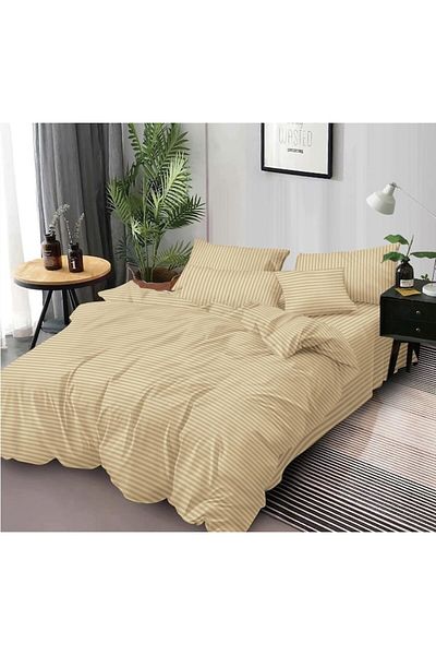 Inovius Double Bed Linen - 100% Damask Cotton, 4 Pieces, Beige Color