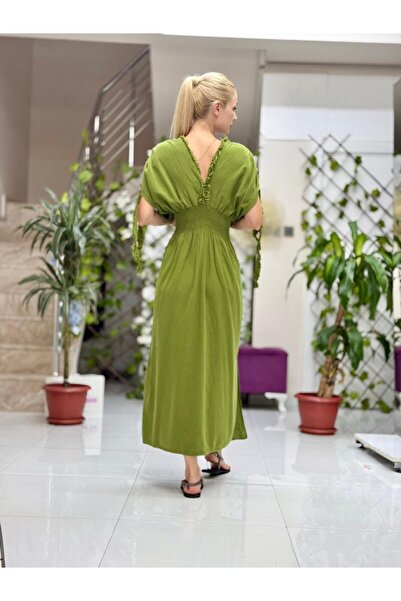 Punta Otantik Pt242500 Elastic Waist Collar Shoulder Tassel Deep Slit Cotton Dress Green