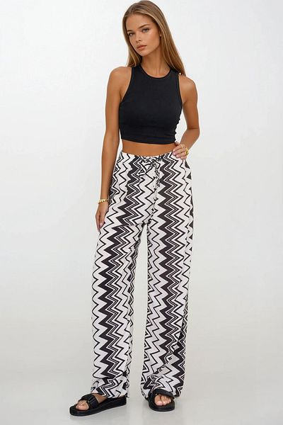 VAGGON Women's Black-White Elastic Waist Lace-Up Patterned Viscose Palazzo Pants Vs00371