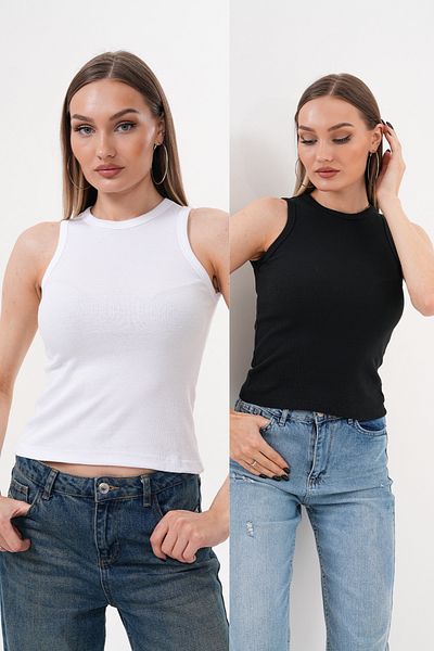 Pinpery Women's Basic 2-Piece Black-White Halter Neck Ribbed Camisole Cotton Blouse