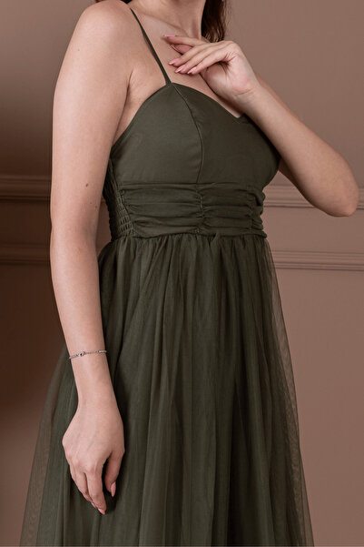 BEYBOS Tül Kumaş Büzgü Detaylı Elbise - HAKİ YEŞİLİ