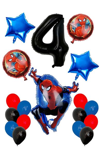 PARTİAVM 4 Year Old Spiderman Foil Balloon Set Black Number Balloon Spider-Man Balloon