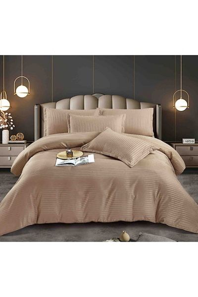 JOJO HOME Lenjerie de Pat Dublu Cu Elastic 100% Bumbac Damasc 6 Piese, 180x200 cm Cappuccino