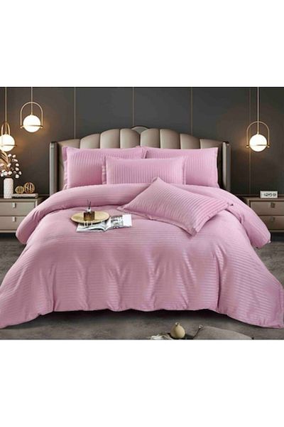 JOJO HOME Double Bed Linen With Elastic 100% Cotton Damask 180x200 cm, 6 Pieces, JO1614 Lilac