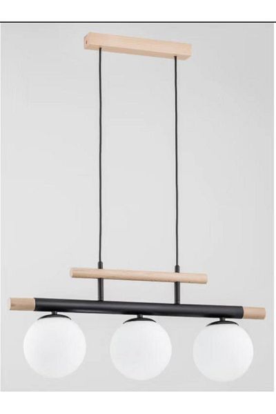 OEM Wooden pendant chandelier, 3 white glass globes, E27 socket, wood/black body color