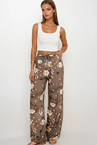 VAGGON Women's Khaki Elastic Waist Lace-Up Patterned Viscose Palazzo Pants Vs00371