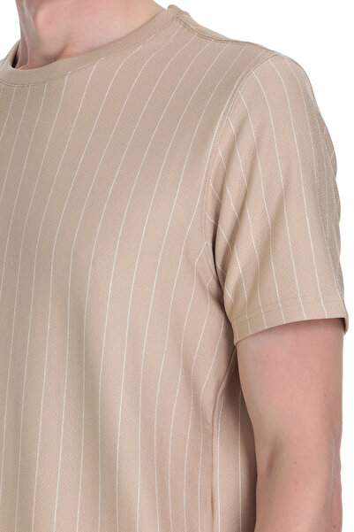 Hatemoğlu Μπεζ μπλουζάκι με ριγέ λαιμόκοψη