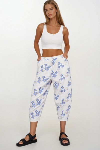 VAGGON Women's Blue Elastic Waist Patterned Linen Trousers Vs00372
