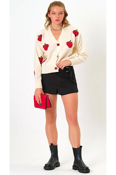 FLEX FASHION Γυναικεία πλεκτή ζακέτα Ecru Strawberry
