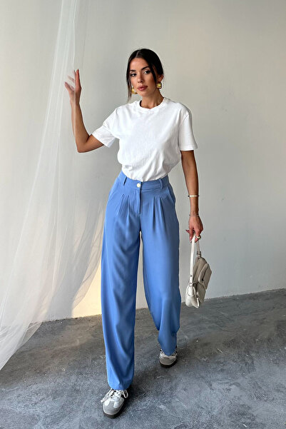 VAGGON Жіночі блакитні штани з двома кишенями та високою талією Vs00673