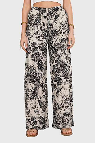 VAGGON Women's Black-Beige Elastic Waist Lace-Up Patterned Viscose Palazzo Pants Vs00371
