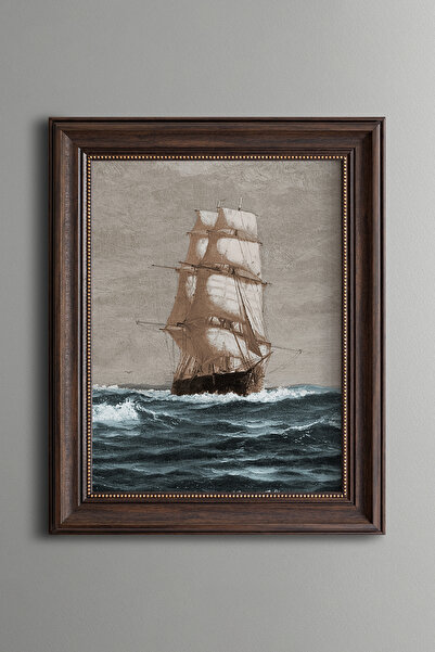 epiqart Maine Kıyılarında Yelkenli Gemi - Vintage Desenli Çerçeve