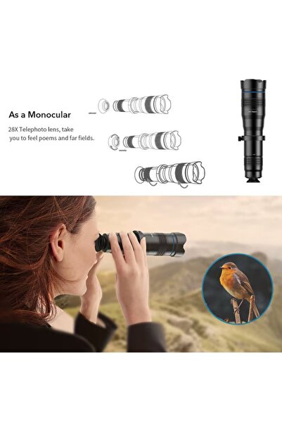 APEXEL HD 28X Professional Lens, Metal Telephoto Compatible with Most Smartphones -