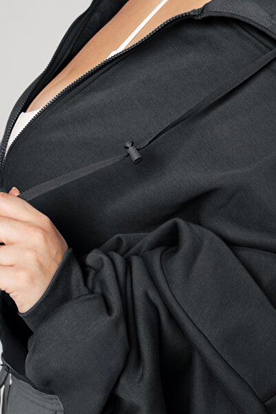 The Champ Clothing Women's Smoked Melange Hooded Lace-Up Sweatshirt with Zipper 3 Thread Ş Fleece-Lined O Oversized Cut