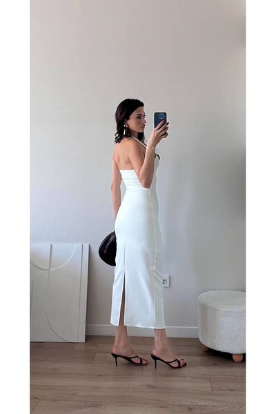 LOCH BUTİK Rochie creion albă midi cu fantă pentru damă