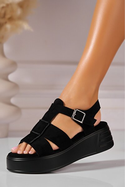 Joana Sandale dama cu platforma Negre din Piele Ecologica Intoarsa Inyka