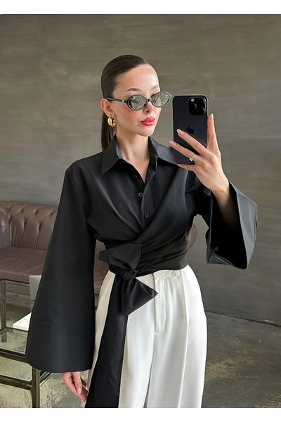 Lusin Cămașă neagră de damă cu detaliu de șireturi