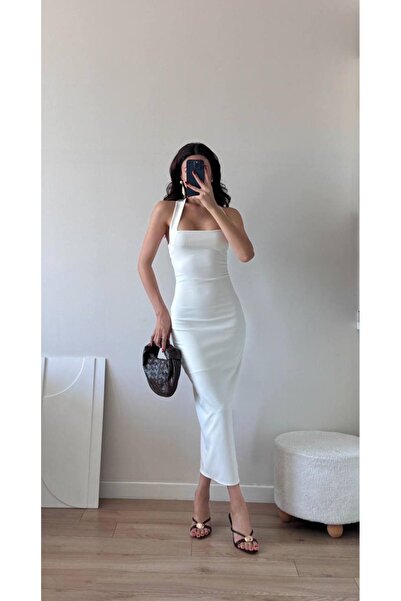 LOCH BUTİK Γυναικείο Λευκό Midi Σχιστό Μολύβι Φόρεμα
