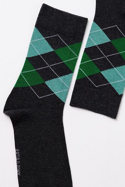 Katia&Bony Men's Gray Melange-Green Plaid Patterned Socks