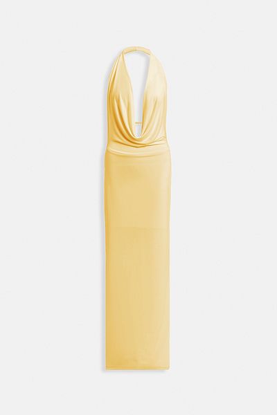 Black Fashion Shawl Collar Low-Cut Maxi Yellow Dress