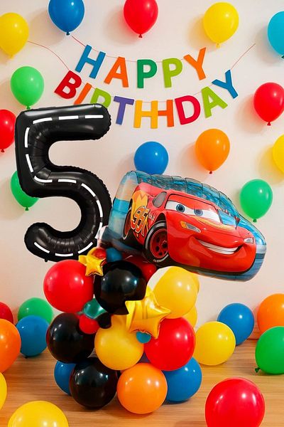 PARTİAVM 5 Years Old Cars Cars Lightning Mcqueen Race Car Concept Balloon Set Race Car Birthday Set