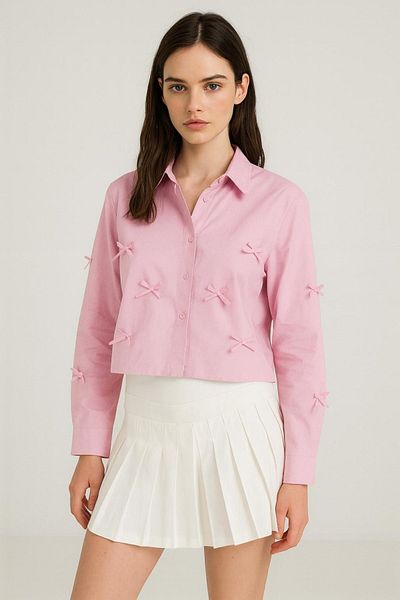 HAKKE Terry Cotton Bow Detail Crop Shirt