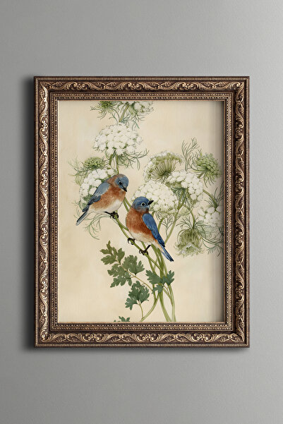 epiqart Mavi Kuşlar - Vintage Desenli Çerçeve