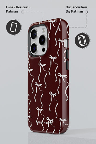 WANNA PROTECT iPhone 13 Çift Katmanlı Darbe Emici Koruma Bordo Fiyonk Parlak Superior PROTECT Telefon Kılıfı