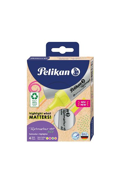 Pelikan Marker 490, Set de 4 culori neon, Material plastic, Cutie de carton inclusă