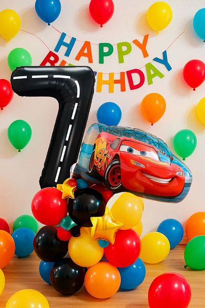 PARTİAVM 7 Years Old Cars Cars Lightning Mcqueen Race Car Concept Balloon Set Race Car Birthday Set