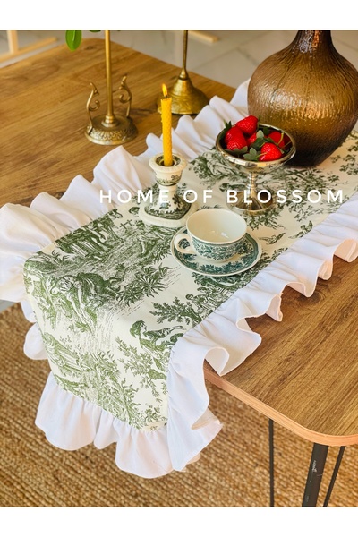 HOME OF BLOSSOM 40*120cm Toile De Jouy French Villagers Ruffled Runner