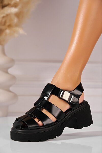 Joana Sandale dama cu platforma Negre din Piele Ecologica Lacuita Kaida