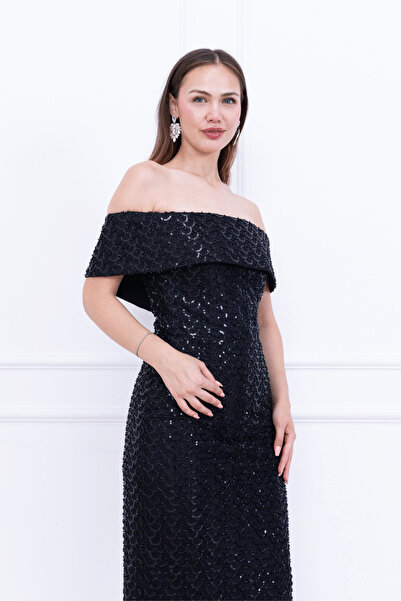 BEYBOS Boncuklu Tül Kumaş Straplez Kalem Elbise - SİYAH