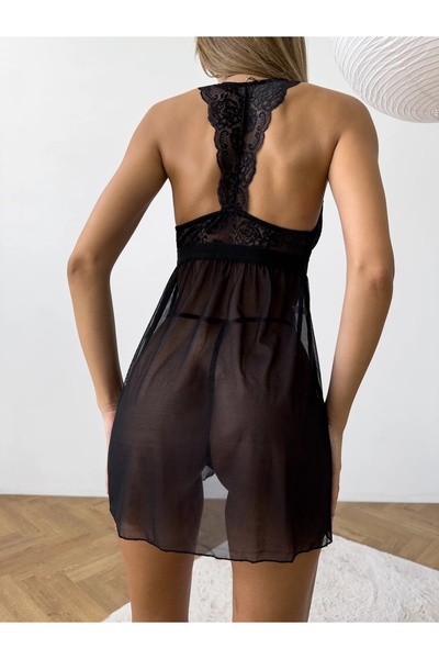 WİYONA Cămașă de noapte din tul neagră pentru femei