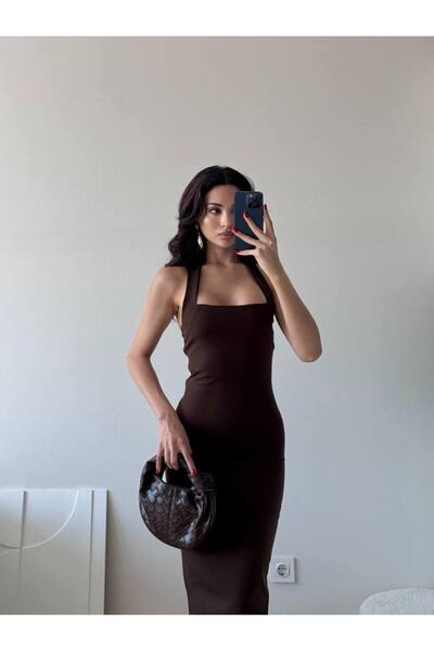 LOCH BUTİK Women's Brown Midi Slit Pencil Dress