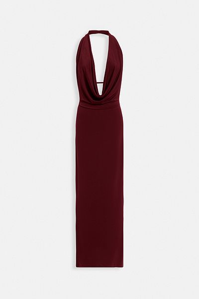 Black Fashion Rochie maxi bordeaux decoltată cu guler șal